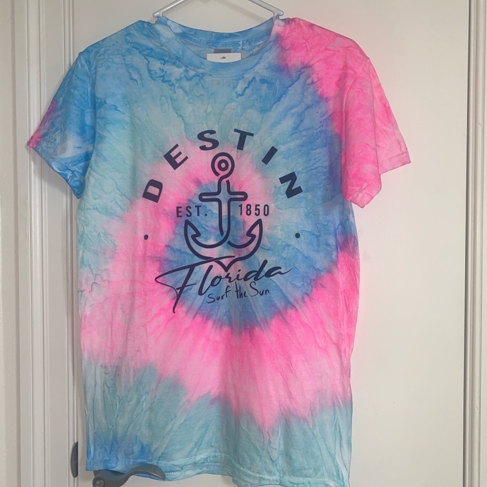 Gildan Blue and Pink Destin Florida Surf The Sun Anchor Tie Dye T-Shirt